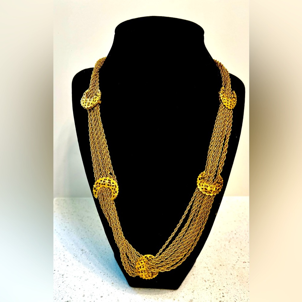 Miriam Haskell Gold Multi-Row Chain Necklace with Filigree Orbs